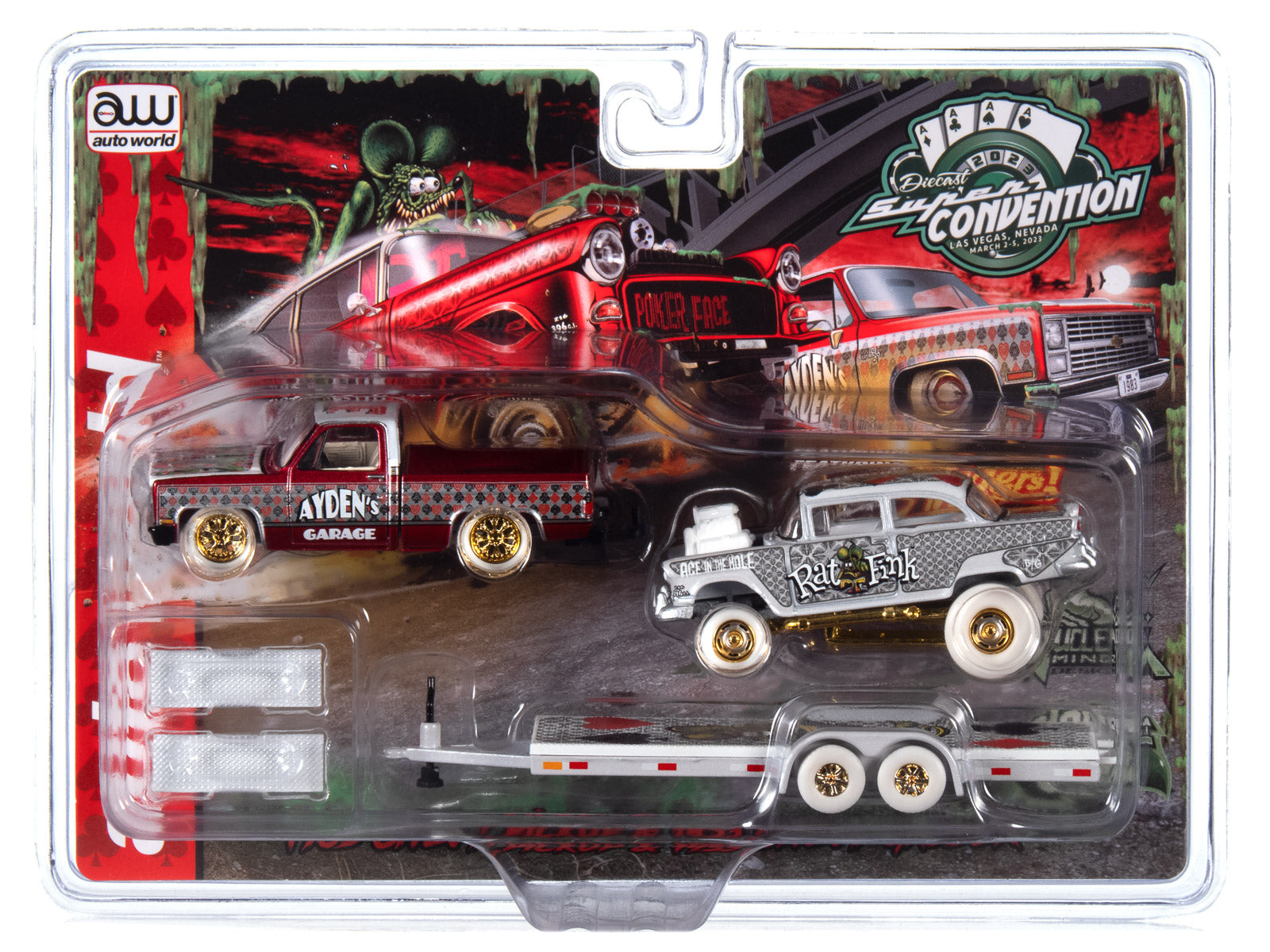 (Chase) Chevrolet Silverado and 1955 Chevrolet Gasser Rat Fink Hauler Set  2023 Las Vegas Convention Exclusive Auto World