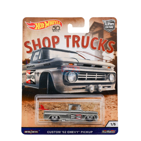 Hot Wheels 2017 Shop Trucks Custom '62 Chevy Pickup with Real Riders Big J's Garage