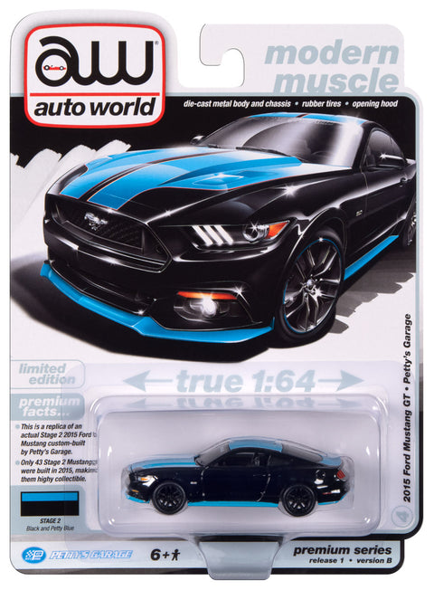 2015 Ford Mustang GT Gloss Black Body Color w/Twin Blue Upper Stripes Auto World - Big J's Garage