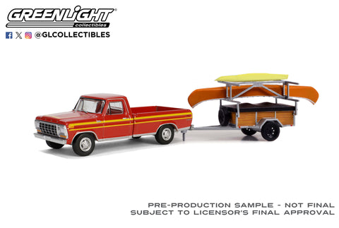 1978 Ford F-150 Ranger Explorer Maroon with Orange Explorer Stripes with Canoe Trailer with Canoe Rack, Canoe and Kayak Hitch & Tow Series 31 Greenlight Collectibles - Big J's Garage