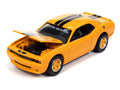 2014 Dodge Challenger Pettys Garage - Yellow-Orange w/Black Stripes Johnny Lightning Assortment W/ Collector Tin 2024 Release 1 Version A & B - Big J's Garage