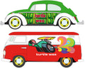 1964 Volkswagen Type 2 Transporter-Red &amp; White Turtle Power Graphics&nbsp; 1965 Volkswagen Beetle-Green &amp; White Turtle Shell Johnny Lightning Themed 2-Packs 2024 Release 1A Sealed Case of 6 - Big J's Garage