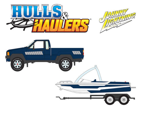 1985 Toyota SR5 Pickup w/Malibu Speed Boat Blue Hulls & Haulers Johnny Lightning - Big J's Garage