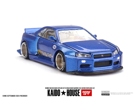 Nissan Skyline GT-R R34 Kaido Works V2 Aero Shinjuku V2 Blue Kaido House x Mini GT - Big J's Garage