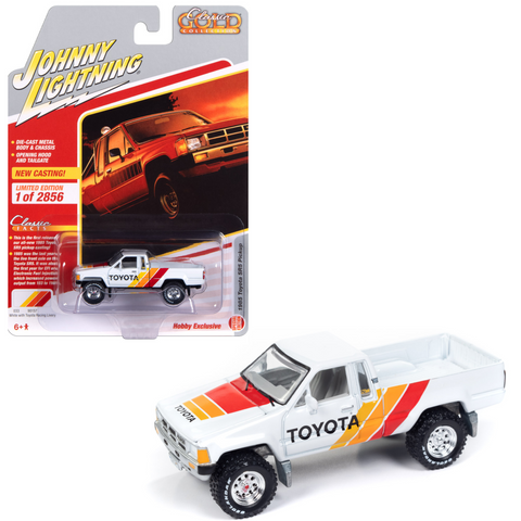 1985 Toyota SR5 Pickup Gloss White Body Color with Red, Yellow, Orange Side Stripes and TOYOTA logo on Doors Johnny Lightning - Big J's Garage