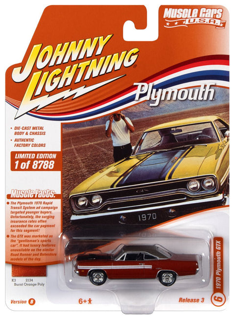 1970 Plymouth GTX Burnt Orange w/Gator Grain Chocolate Brown Roof White Dual Side Stripes Johnny Lightning - Big J's Garage