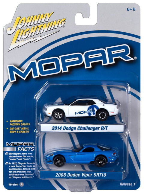 2008 Dodge Viper SRT 10 Metallic Blue with White Stripes 2014 Dodge Challenger R/T White and Mopar Blue Logo & Stripes Johnny Lightning - Big J's Garage